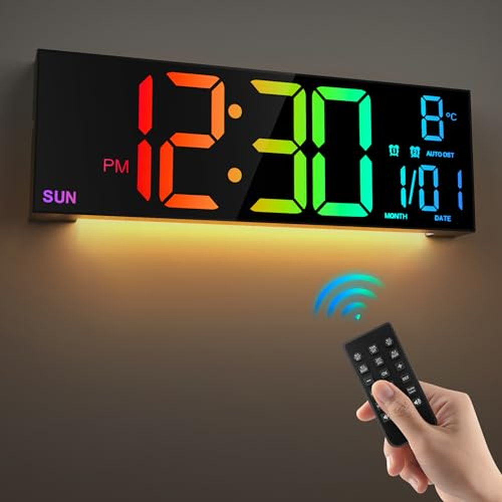 HAITANG 16'' černé velké digitální nástěnné hodiny do obývacího pokoje, dálkové ovládání, duální alarm, 8 barev RGB, velký LED d